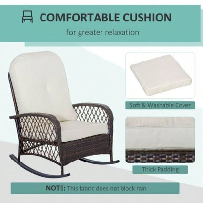Outsunny Outdoor Wicker Rocking Chair with Wide, Thick, Soft Cushion, Rattan Rocker/Steel Frame, High Weight Capacity Patio, Garden, Backyard, White