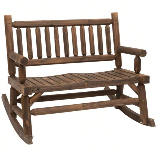 Outsunny 2 - Person Wood Rocking Chair with Log Design, Heavy Duty Loveseat with Wide Curved Seats Patio, Backyard, Garden, Walnut