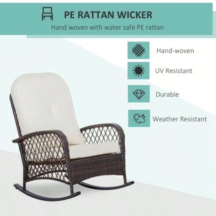 Outsunny Outdoor Wicker Rocking Chair with Wide, Thick, Soft Cushion, Rattan Rocker/Steel Frame, High Weight Capacity Patio, Garden, Backyard, White