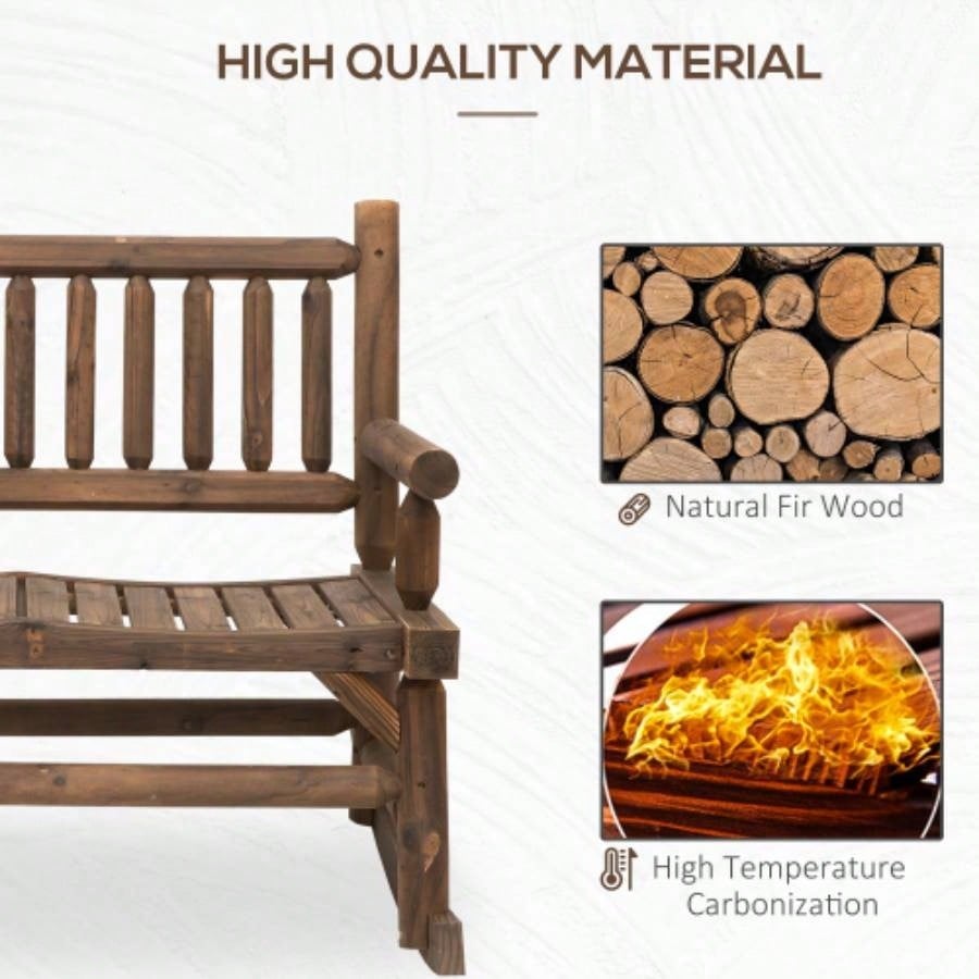 Outsunny 2 - Person Wood Rocking Chair with Log Design, Heavy Duty Loveseat with Wide Curved Seats Patio, Backyard, Garden, Walnut