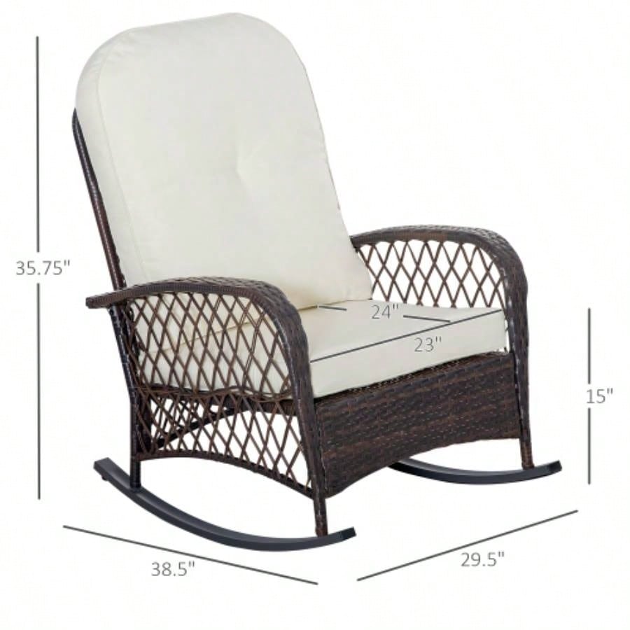 Outsunny Outdoor Wicker Rocking Chair with Wide, Thick, Soft Cushion, Rattan Rocker/Steel Frame, High Weight Capacity Patio, Garden, Backyard, White