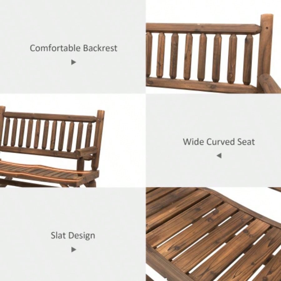 Outsunny 2 - Person Wood Rocking Chair with Log Design, Heavy Duty Loveseat with Wide Curved Seats Patio, Backyard, Garden, Walnut