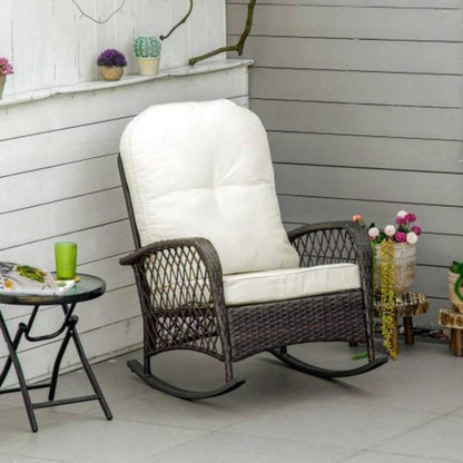 Outsunny Outdoor Wicker Rocking Chair with Wide, Thick, Soft Cushion, Rattan Rocker/Steel Frame, High Weight Capacity Patio, Garden, Backyard, White