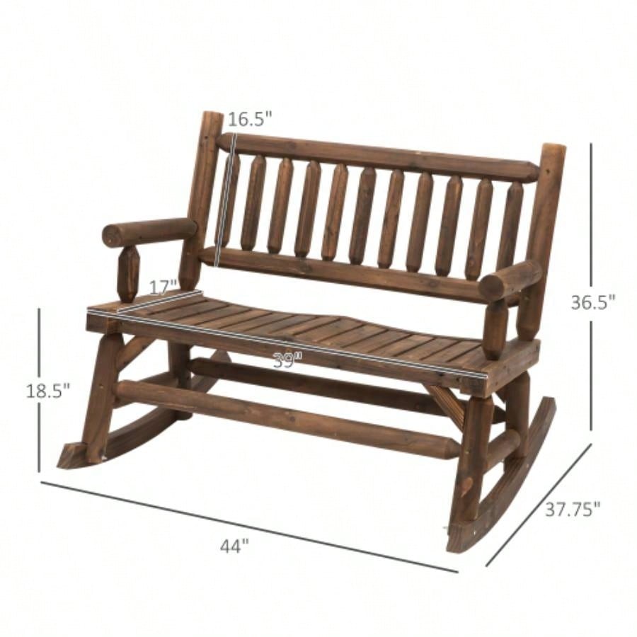 Outsunny 2 - Person Wood Rocking Chair with Log Design, Heavy Duty Loveseat with Wide Curved Seats Patio, Backyard, Garden, Walnut