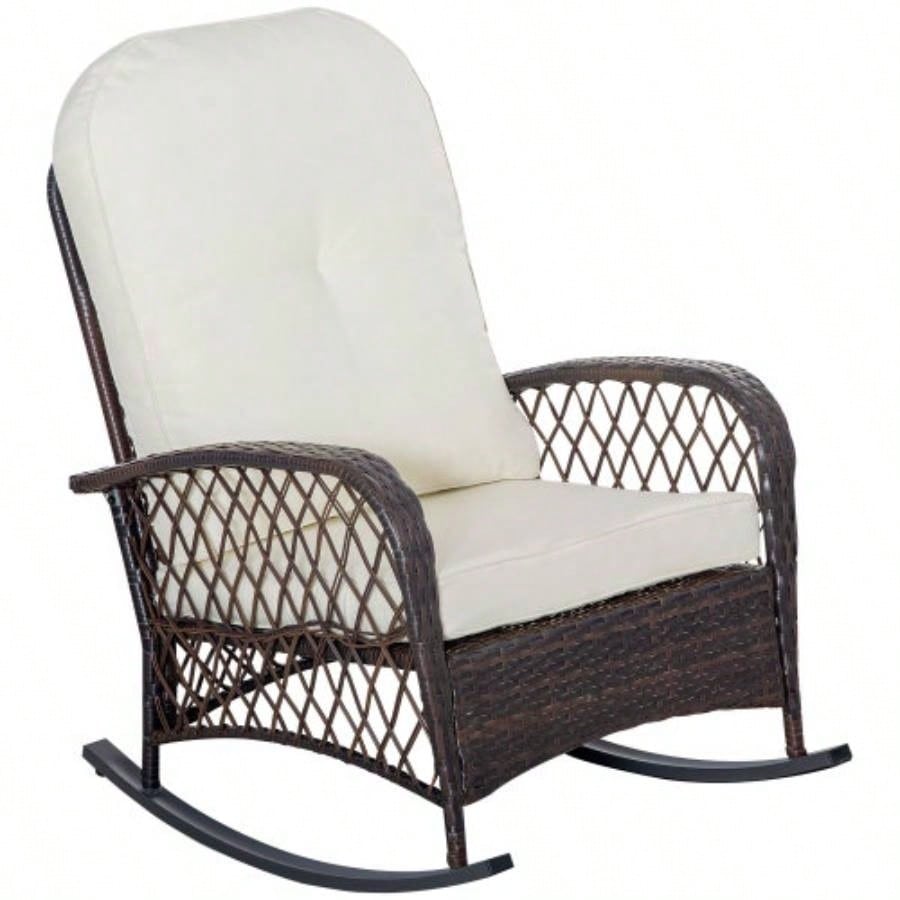 Outsunny Outdoor Wicker Rocking Chair with Wide, Thick, Soft Cushion, Rattan Rocker/Steel Frame, High Weight Capacity Patio, Garden, Backyard, White