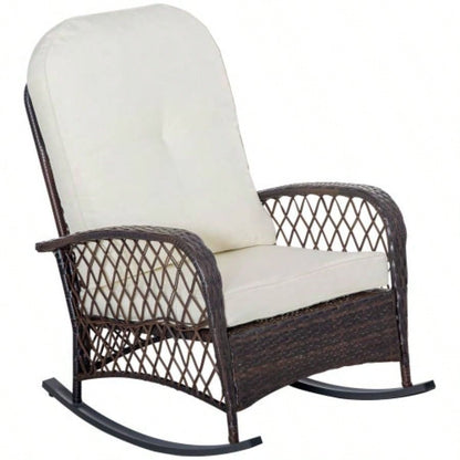 Outsunny Outdoor Wicker Rocking Chair with Wide, Thick, Soft Cushion, Rattan Rocker/Steel Frame, High Weight Capacity Patio, Garden, Backyard, White
