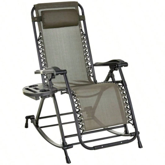 Outdoor Rocking Chairs, Foldable Reclining Anti Lounge Rocker/ Pillow, Cup Phone Holder, Combo Design/ Folding, Gray