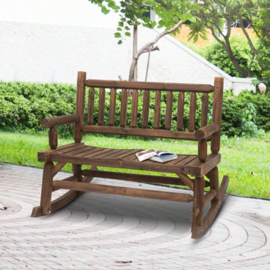 Outsunny 2 - Person Wood Rocking Chair with Log Design, Heavy Duty Loveseat with Wide Curved Seats Patio, Backyard, Garden, Walnut