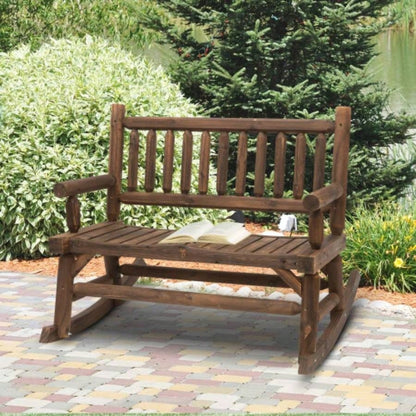 Outsunny 2 - Person Wood Rocking Chair with Log Design, Heavy Duty Loveseat with Wide Curved Seats Patio, Backyard, Garden, Walnut