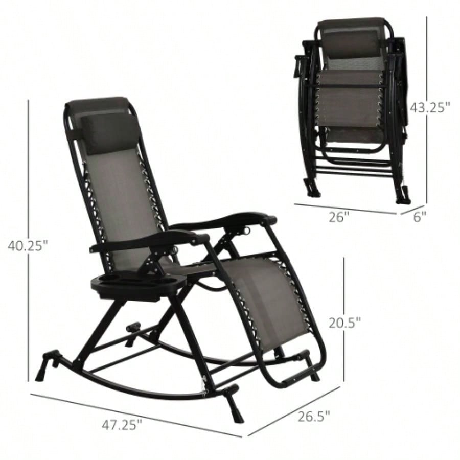 Outdoor Rocking Chairs, Foldable Reclining Anti Lounge Rocker/ Pillow, Cup Phone Holder, Combo Design/ Folding, Gray