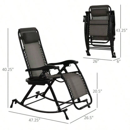 Outdoor Rocking Chairs, Foldable Reclining Anti Lounge Rocker/ Pillow, Cup Phone Holder, Combo Design/ Folding, Gray