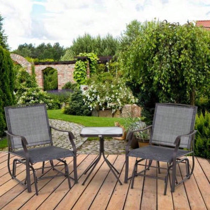 Outsunny 3 Piece Outdoor Glider Chair with Coffee Table Bistro Set, 2 Patio Rocking Swing Chairs with Breathable Sling Fabric, Glass Tabletop, Backyard, Garden and Porch, Gray