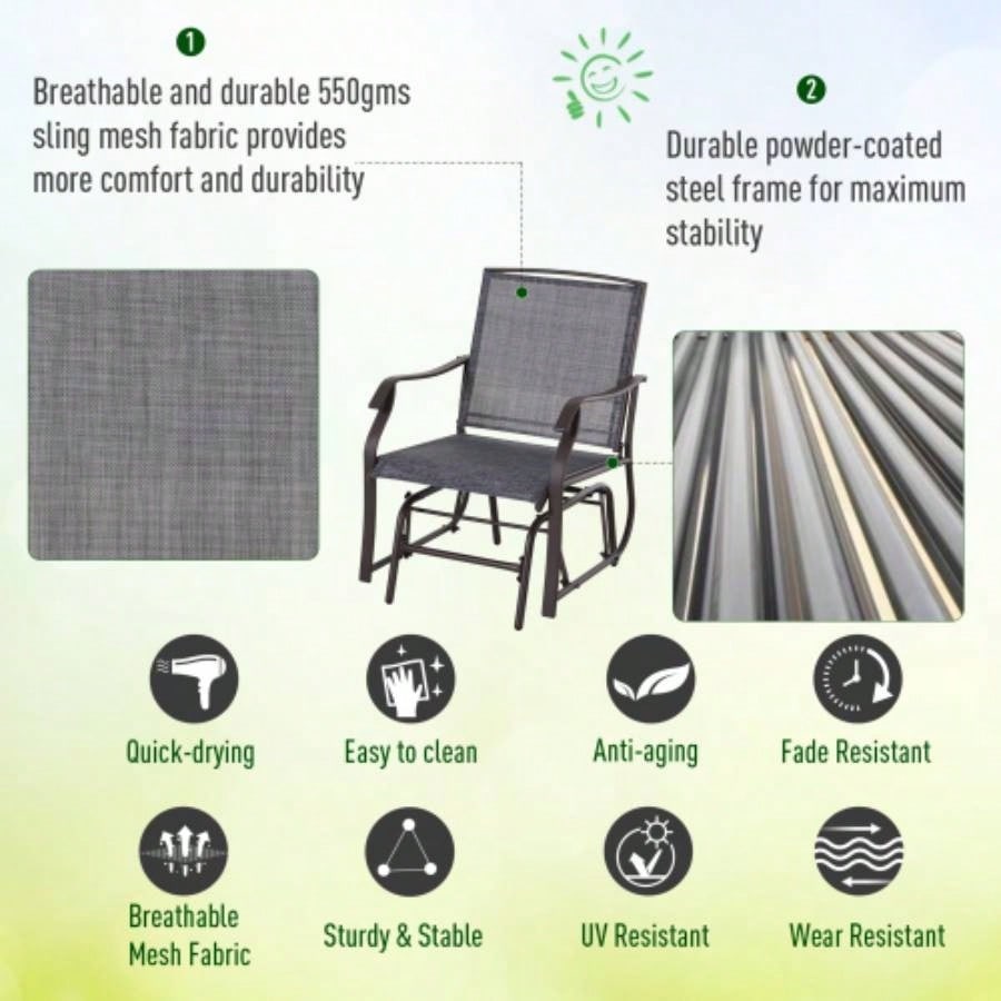 Outsunny 3 Piece Outdoor Glider Chair with Coffee Table Bistro Set, 2 Patio Rocking Swing Chairs with Breathable Sling Fabric, Glass Tabletop, Backyard, Garden and Porch, Gray