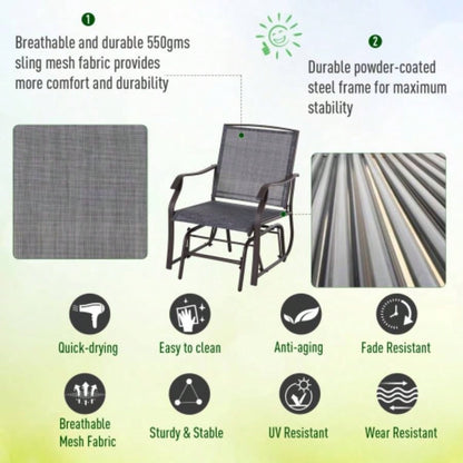 Outsunny 3 Piece Outdoor Glider Chair with Coffee Table Bistro Set, 2 Patio Rocking Swing Chairs with Breathable Sling Fabric, Glass Tabletop, Backyard, Garden and Porch, Gray