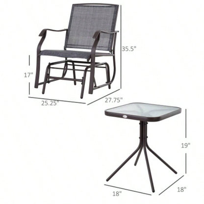 Outsunny 3 Piece Outdoor Glider Chair with Coffee Table Bistro Set, 2 Patio Rocking Swing Chairs with Breathable Sling Fabric, Glass Tabletop, Backyard, Garden and Porch, Gray