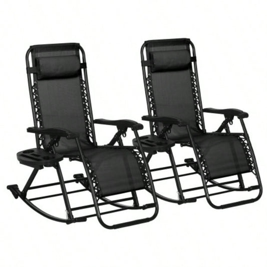 Outsunny 2 Pieces Outdoor Rocking Chairs, Foldable Reclining Zero Lounge Rocker with Pillow, Cup Phone Holder, Combo Design with Folding, Black