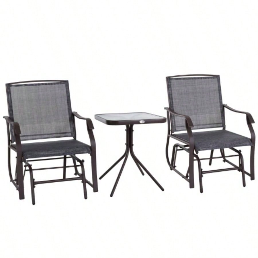 Outsunny 3 Piece Outdoor Glider Chair with Coffee Table Bistro Set, 2 Patio Rocking Swing Chairs with Breathable Sling Fabric, Glass Tabletop, Backyard, Garden and Porch, Gray