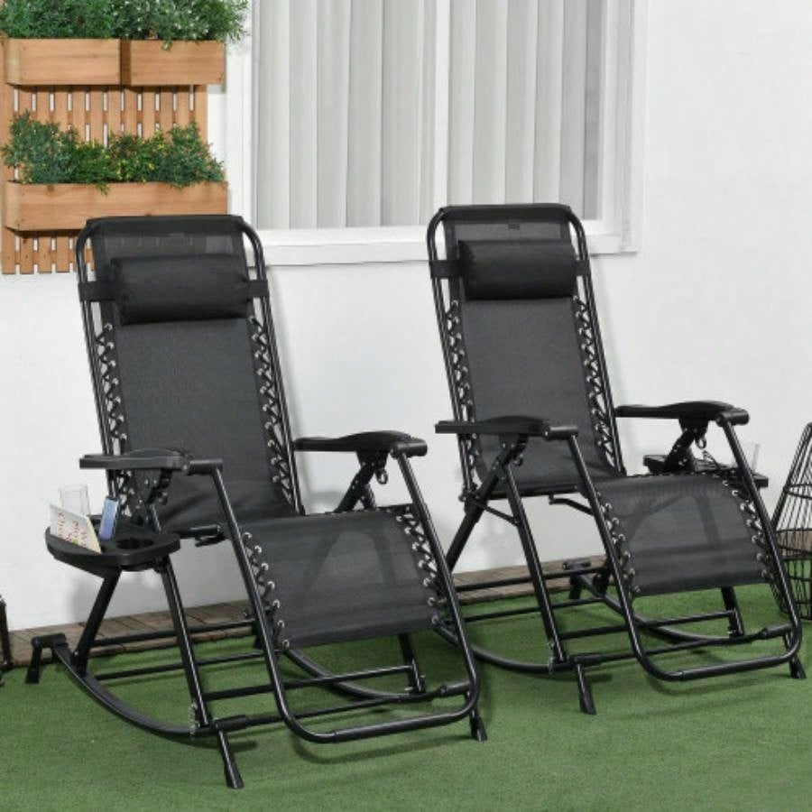 Outsunny 2 Pieces Outdoor Rocking Chairs, Foldable Reclining Zero Lounge Rocker with Pillow, Cup Phone Holder, Combo Design with Folding, Black