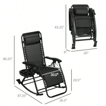 Outsunny 2 Pieces Outdoor Rocking Chairs, Foldable Reclining Zero Lounge Rocker with Pillow, Cup Phone Holder, Combo Design with Folding, Black