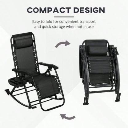 Outsunny 2 Pieces Outdoor Rocking Chairs, Foldable Reclining Zero Lounge Rocker with Pillow, Cup Phone Holder, Combo Design with Folding, Black
