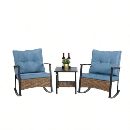 Wicker Rocking Chairs Outdoors 3 Piece, Patio Rocking Chairs Set of 2, Patio Furniture Set, Small Outdoor Set Porch, Poolside, Balcony and Yard, Blue