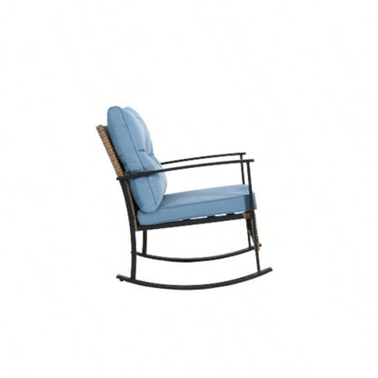 Wicker Rocking Chairs Outdoors 3 Piece, Patio Rocking Chairs Set of 2, Patio Furniture Set, Small Outdoor Set Porch, Poolside, Balcony and Yard, Blue