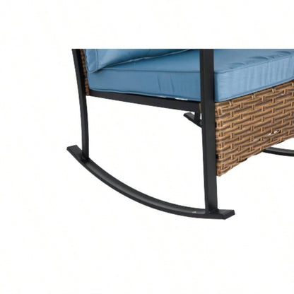 Wicker Rocking Chairs Outdoors 3 Piece, Patio Rocking Chairs Set of 2, Patio Furniture Set, Small Outdoor Set Porch, Poolside, Balcony and Yard, Blue