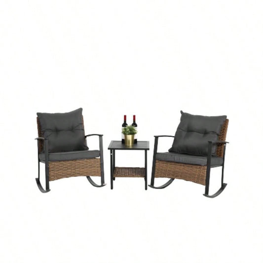 Wicker Rocking Chairs Outdoors 3 Piece, Patio Rocking Chairs Set of 2, Patio Furniture Set, Small Outdoor Set Porch, Poolside, Balcony and Yard,