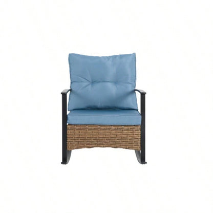 Wicker Rocking Chairs Outdoors 3 Piece, Patio Rocking Chairs Set of 2, Patio Furniture Set, Small Outdoor Set Porch, Poolside, Balcony and Yard, Blue