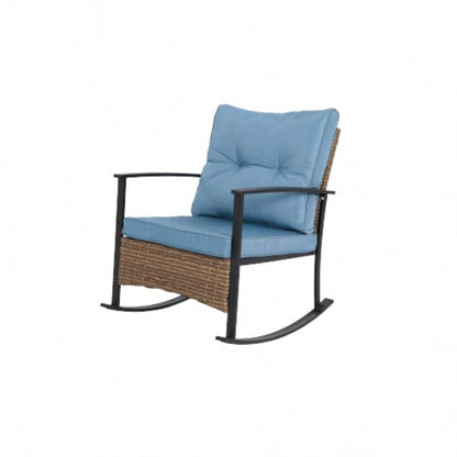 Wicker Rocking Chairs Outdoors 3 Piece, Patio Rocking Chairs Set of 2, Patio Furniture Set, Small Outdoor Set Porch, Poolside, Balcony and Yard, Blue