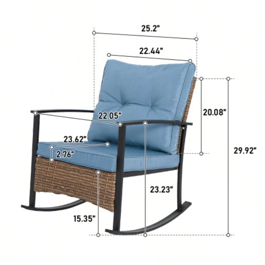 Wicker Rocking Chairs Outdoors 3 Piece, Patio Rocking Chairs Set of 2, Patio Furniture Set, Small Outdoor Set Porch, Poolside, Balcony and Yard, Blue