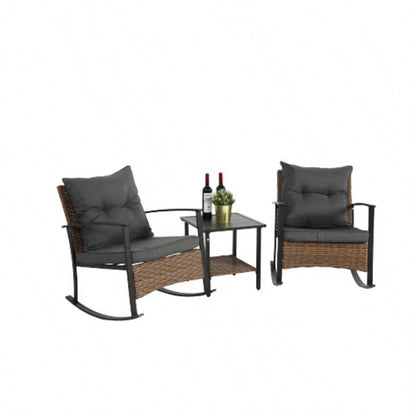 Wicker Rocking Chairs Outdoors 3 Piece, Patio Rocking Chairs Set of 2, Patio Furniture Set, Small Outdoor Set Porch, Poolside, Balcony and Yard,