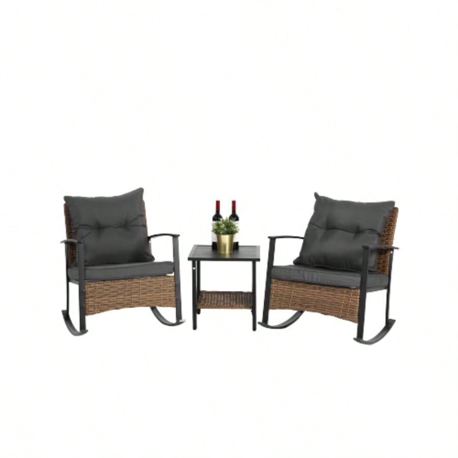 Wicker Rocking Chairs Outdoors 3 Piece, Patio Rocking Chairs Set of 2, Patio Furniture Set, Small Outdoor Set Porch, Poolside, Balcony and Yard,