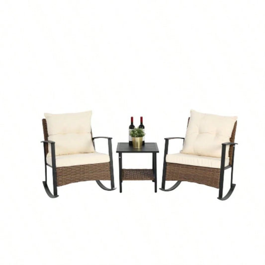 Wicker Rocking Chairs Outdoors 3 Piece, Patio Rocking Chairs Set of 2, Patio Furniture Set, Small Outdoor Set Porch, Poolside, Balcony and Yard, White
