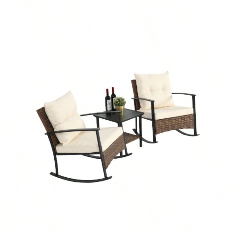 Wicker Rocking Chairs Outdoors 3 Piece, Patio Rocking Chairs Set of 2, Patio Furniture Set, Small Outdoor Set Porch, Poolside, Balcony and Yard, White