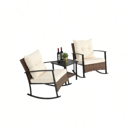 Wicker Rocking Chairs Outdoors 3 Piece, Patio Rocking Chairs Set of 2, Patio Furniture Set, Small Outdoor Set Porch, Poolside, Balcony and Yard, White