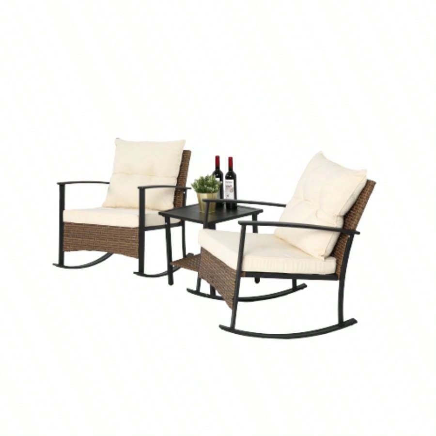 Wicker Rocking Chairs Outdoors 3 Piece, Patio Rocking Chairs Set of 2, Patio Furniture Set, Small Outdoor Set Porch, Poolside, Balcony and Yard, White