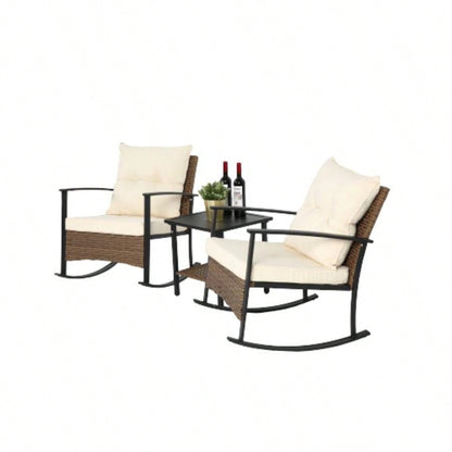 Wicker Rocking Chairs Outdoors 3 Piece, Patio Rocking Chairs Set of 2, Patio Furniture Set, Small Outdoor Set Porch, Poolside, Balcony and Yard, White
