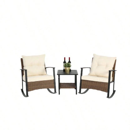 Wicker Rocking Chairs Outdoors 3 Piece, Patio Rocking Chairs Set of 2, Patio Furniture Set, Small Outdoor Set Porch, Poolside, Balcony and Yard, White