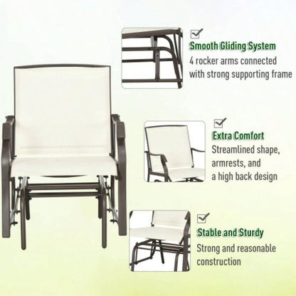 Outsunny 3 Piece Outdoor Glider Chair with Coffee Table Bistro Set, 2 Patio Rocking Swing Chairs with Breathable Sling Fabric, Glass Tabletop, Backyard, Garden and Porch, White