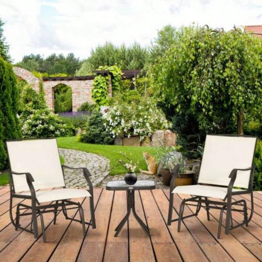 Outsunny 3 Piece Outdoor Glider Chair with Coffee Table Bistro Set, 2 Patio Rocking Swing Chairs with Breathable Sling Fabric, Glass Tabletop, Backyard, Garden and Porch, White