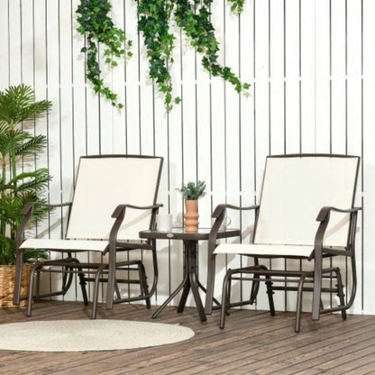 Outsunny 3 Piece Outdoor Glider Chair with Coffee Table Bistro Set, 2 Patio Rocking Swing Chairs with Breathable Sling Fabric, Glass Tabletop, Backyard, Garden and Porch, White