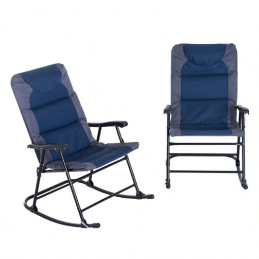 Outsunny 2 Piece Outdoor Rocking Chair Set, Patio Furniture Set with Folding Design, Armrests Porch, Camping, Balcony, Navy Blue
