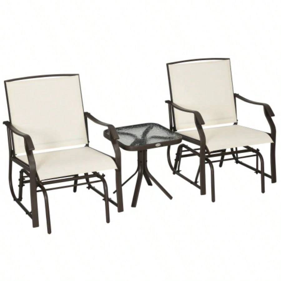 Outsunny 3 Piece Outdoor Glider Chair with Coffee Table Bistro Set, 2 Patio Rocking Swing Chairs with Breathable Sling Fabric, Glass Tabletop, Backyard, Garden and Porch, White