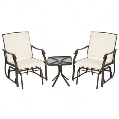 Outsunny 3 Piece Outdoor Glider Chair with Coffee Table Bistro Set, 2 Patio Rocking Swing Chairs with Breathable Sling Fabric, Glass Tabletop, Backyard, Garden and Porch, White