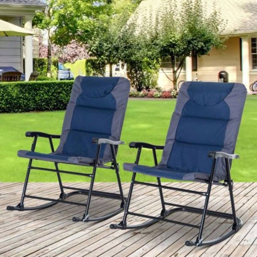 Outsunny 2 Piece Outdoor Rocking Chair Set, Patio Furniture Set with Folding Design, Armrests Porch, Camping, Balcony, Navy Blue