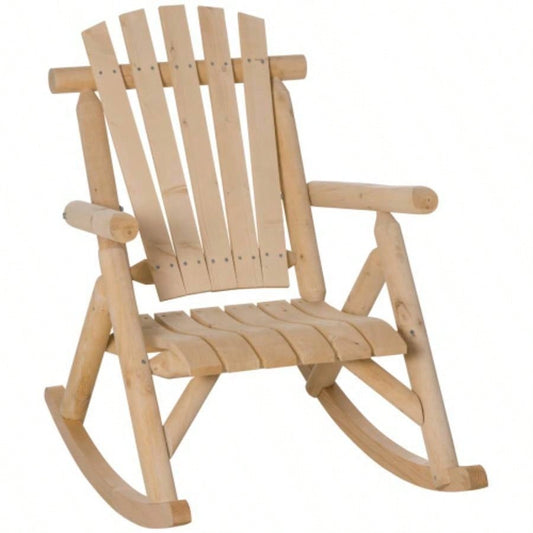 Outsunny Outdoor Wooden Rocking Chair, Single - Person Rustic Adirondack Rocker with Slatted, High Backrest, Armrests Patio, Garden and Porch, Natural