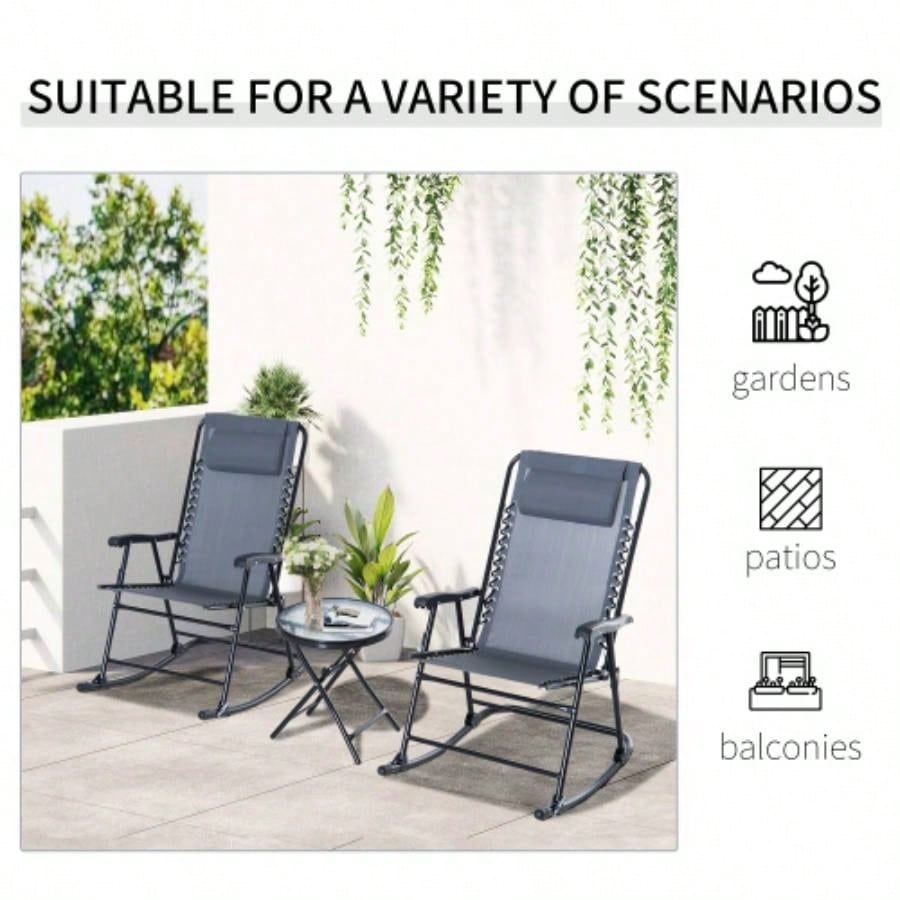 Outsunny 3 Piece Outdoor Rocking Bistro Set, Patio Folding Chair Table Set with Glass Coffee Table Yard, Patio, Deck, Backyard,