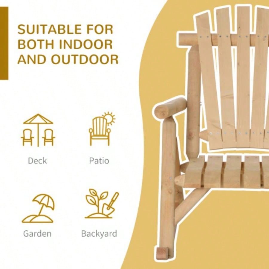 Outsunny Outdoor Wooden Rocking Chair, Single - Person Rustic Adirondack Rocker with Slatted, High Backrest, Armrests Patio, Garden and Porch, Natural