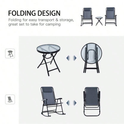 Outsunny 3 Piece Outdoor Rocking Bistro Set, Patio Folding Chair Table Set with Glass Coffee Table Yard, Patio, Deck, Backyard,